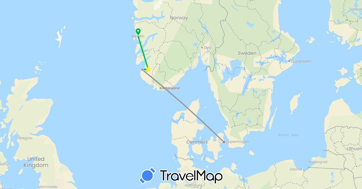 TravelMap itinerary: driving, bus, plane in Denmark, Norway (Europe)